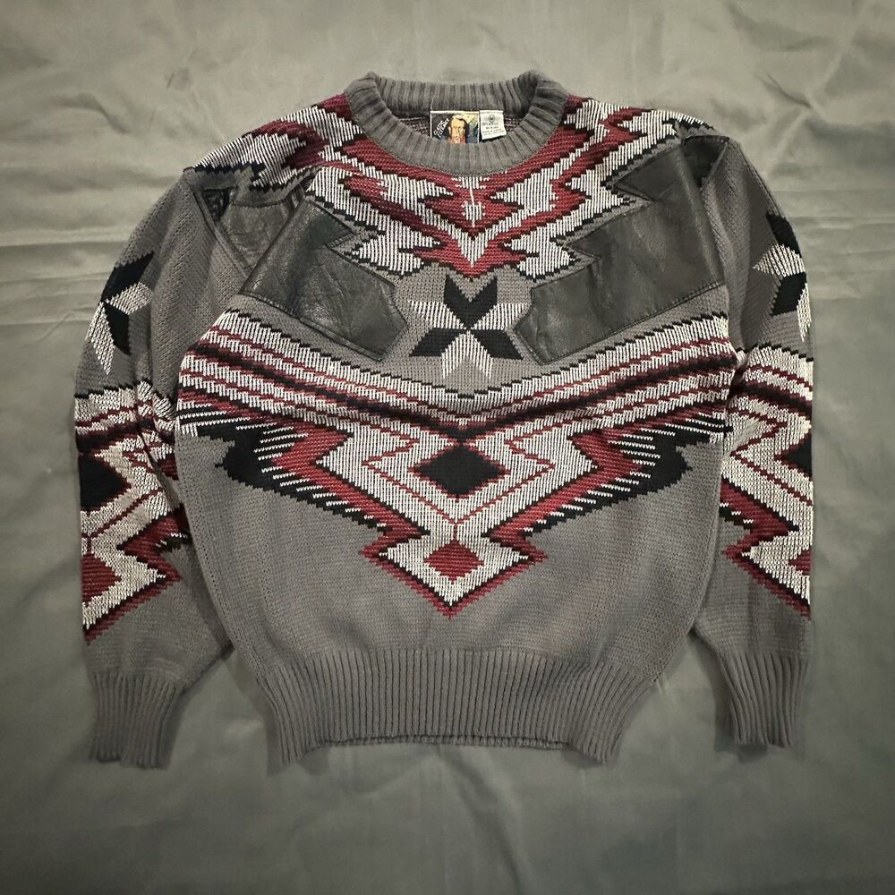 Vintage 90s Classic Elegance Sweater Leather Panel Geometric Aztec Southwestern